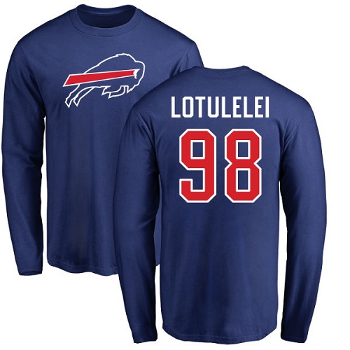 Men NFL Buffalo Bills 98 Star Lotulelei Royal Blue Name and Number Logo Long Sleeve T Shirt